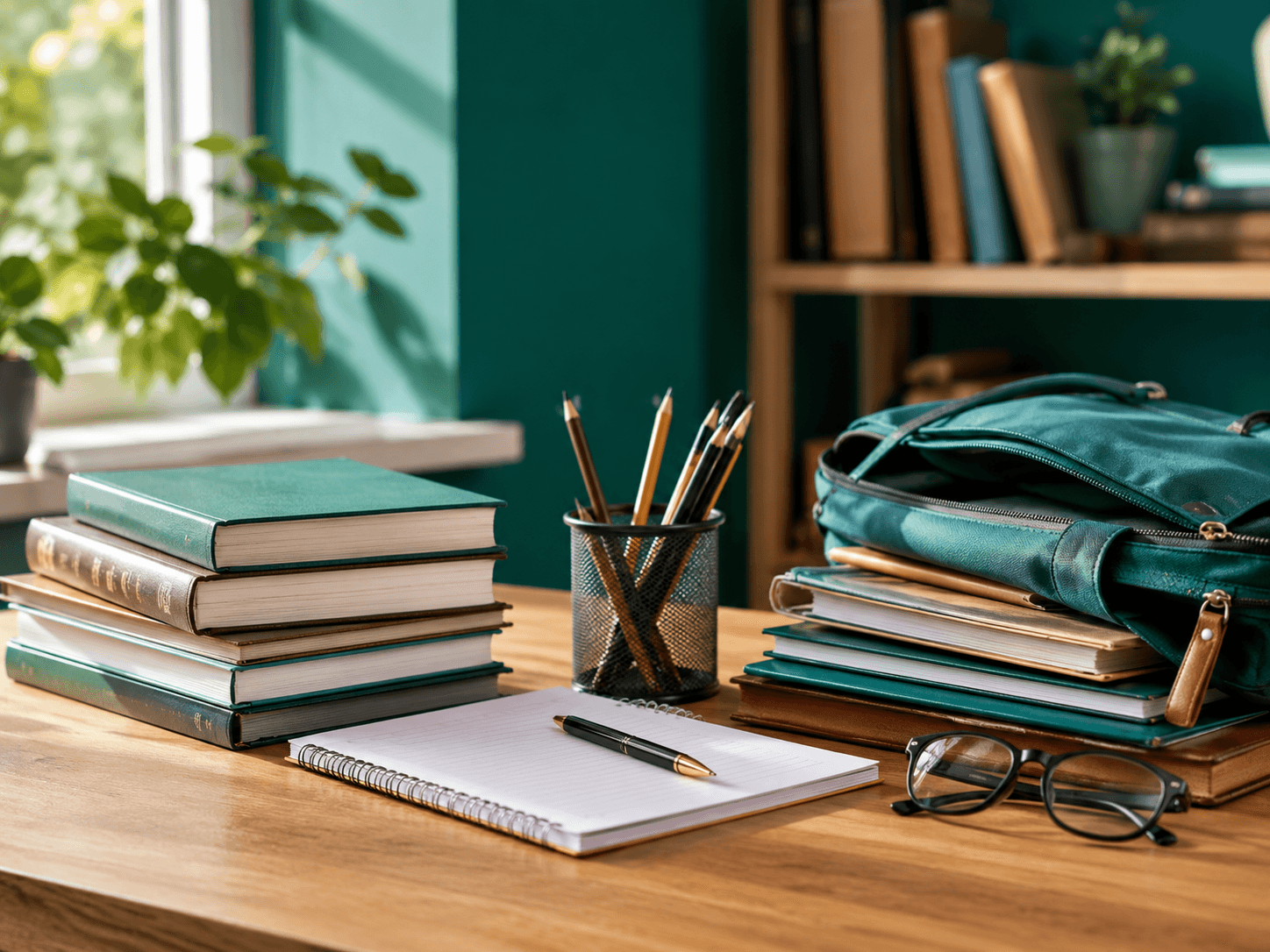 Education supplies arranged on a study desk