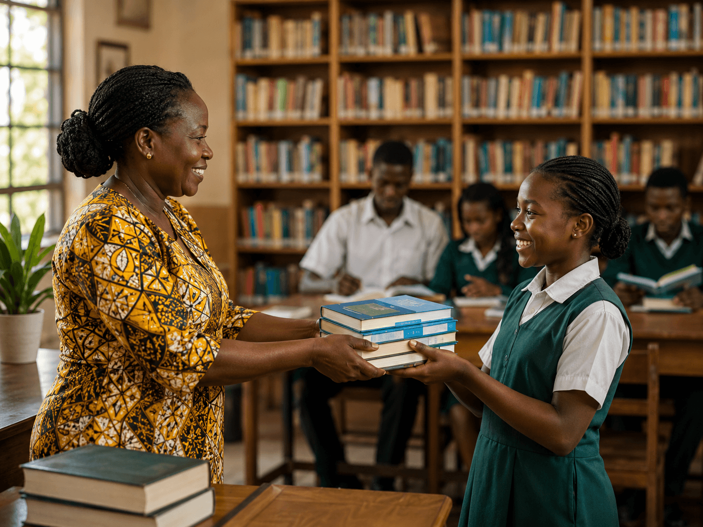 Students receiving books in a library setting